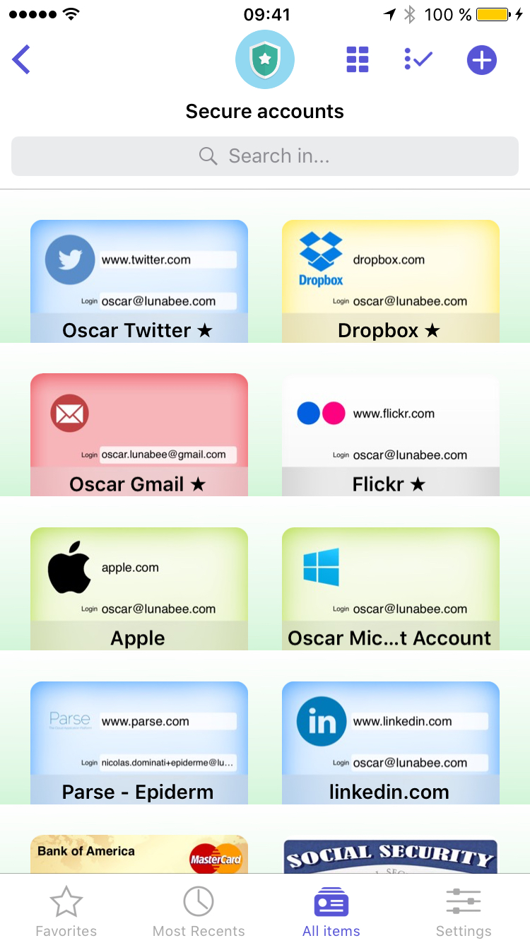 screenshot of oneSafe cards in a category