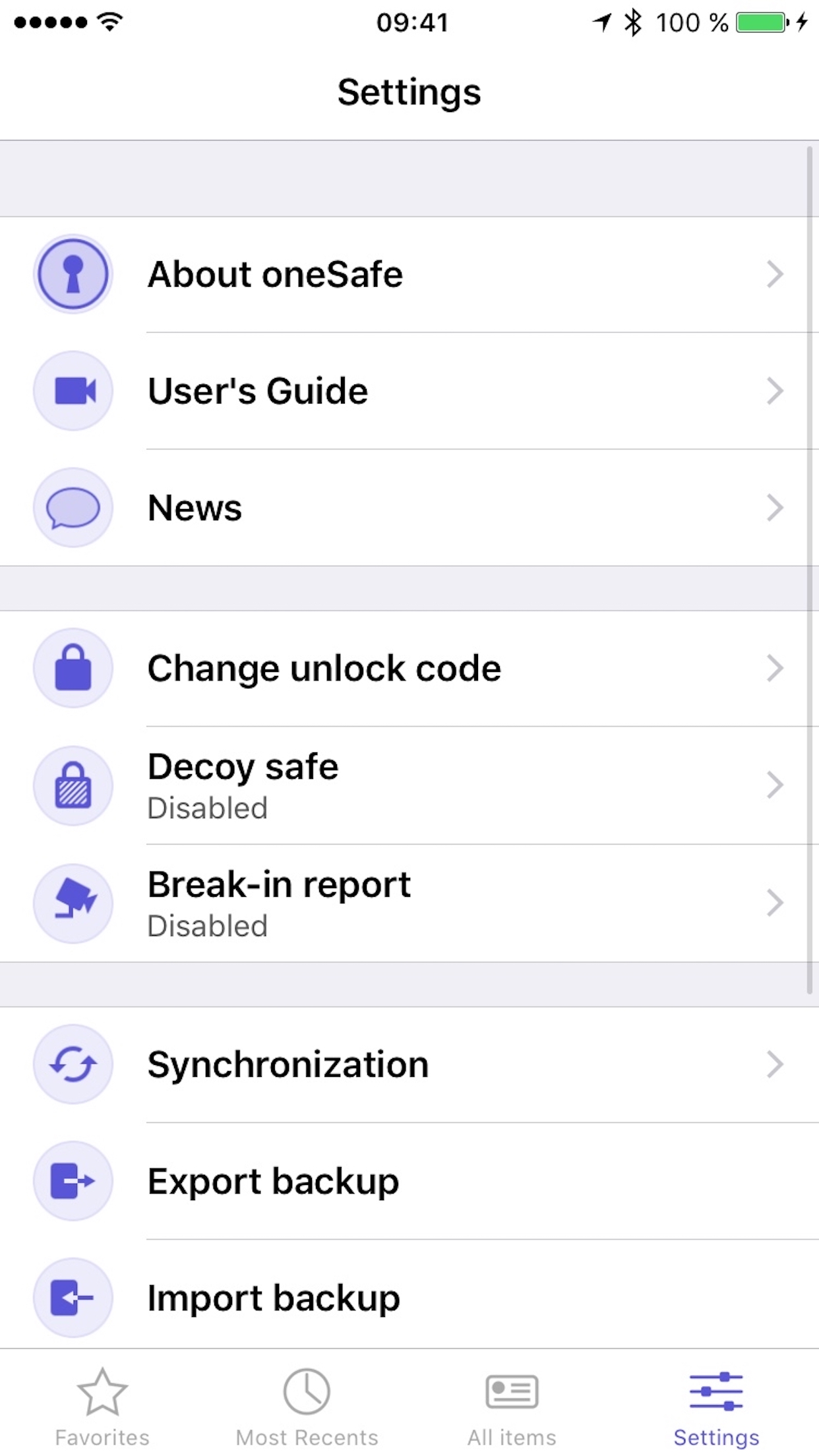 screenshot of oneSafe settings decoy safe auto-lock backup synchronization self destruct